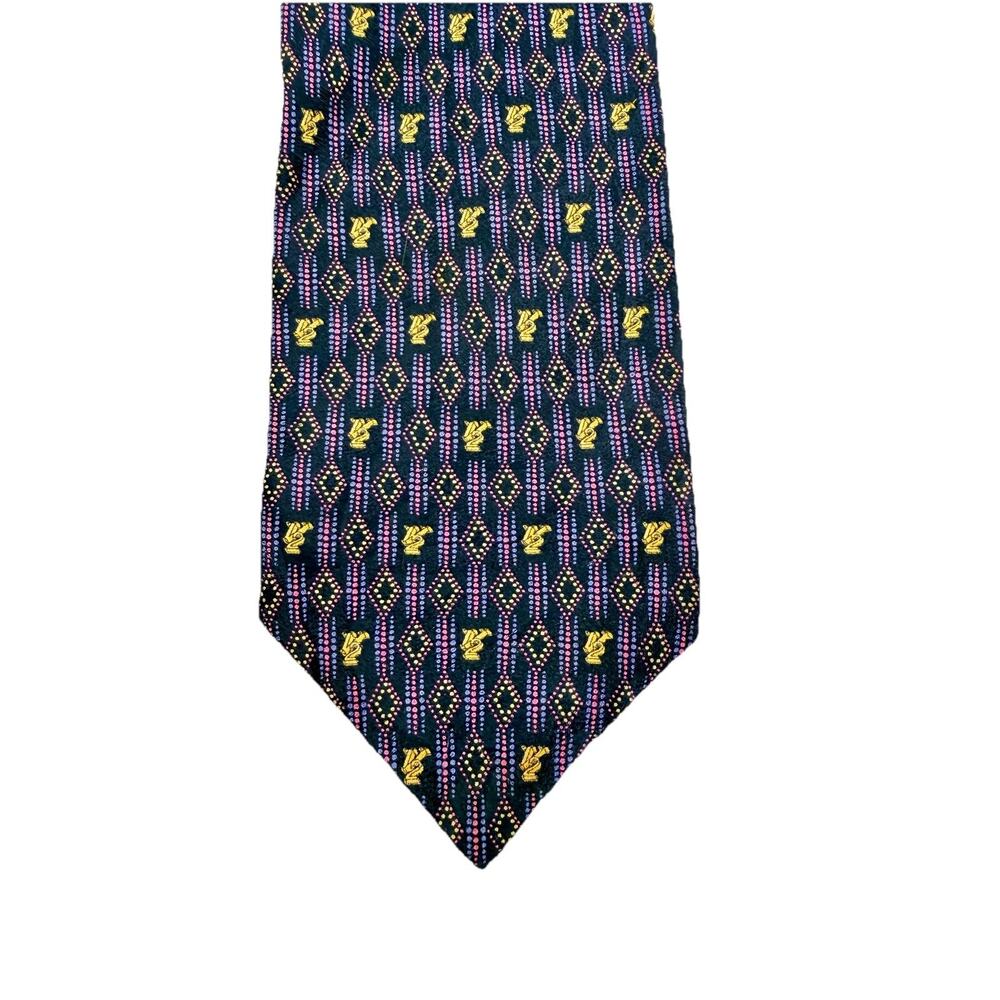 Vintage Versace Classic V2 Silk Tie Navy Geometric Diamond Pattern-Made In Italy